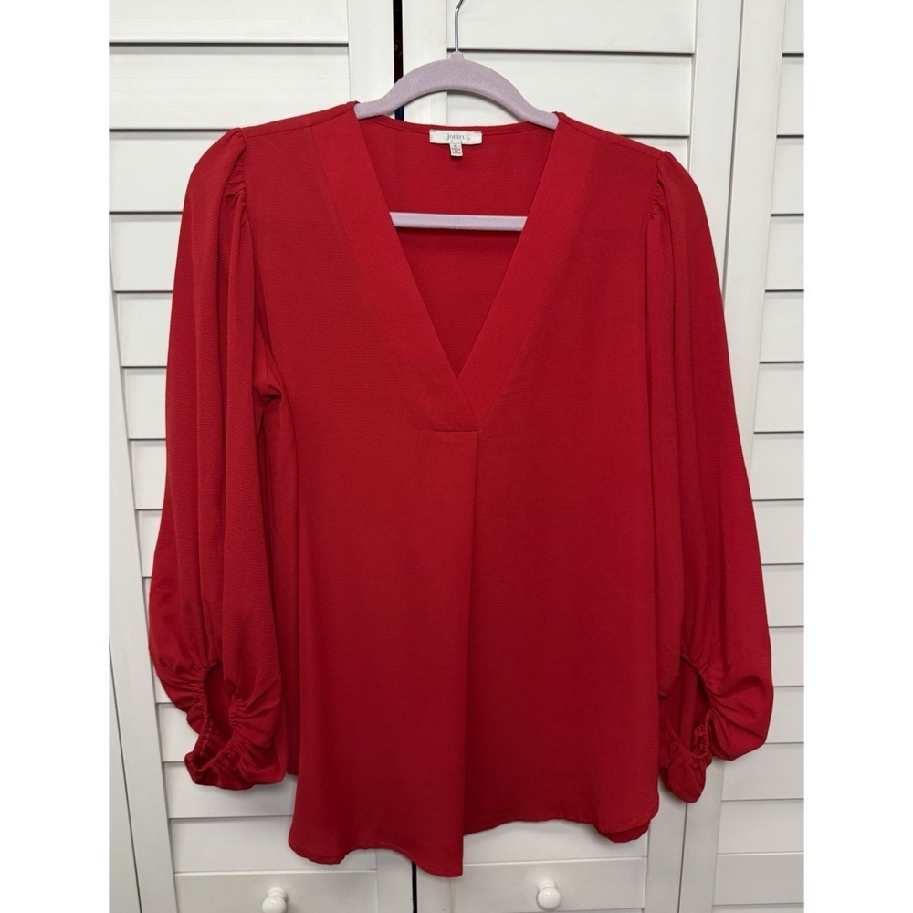 JODIFL Balloon Sleeve V-Neck Crepe Pullover Top Office Women's Size Small Red